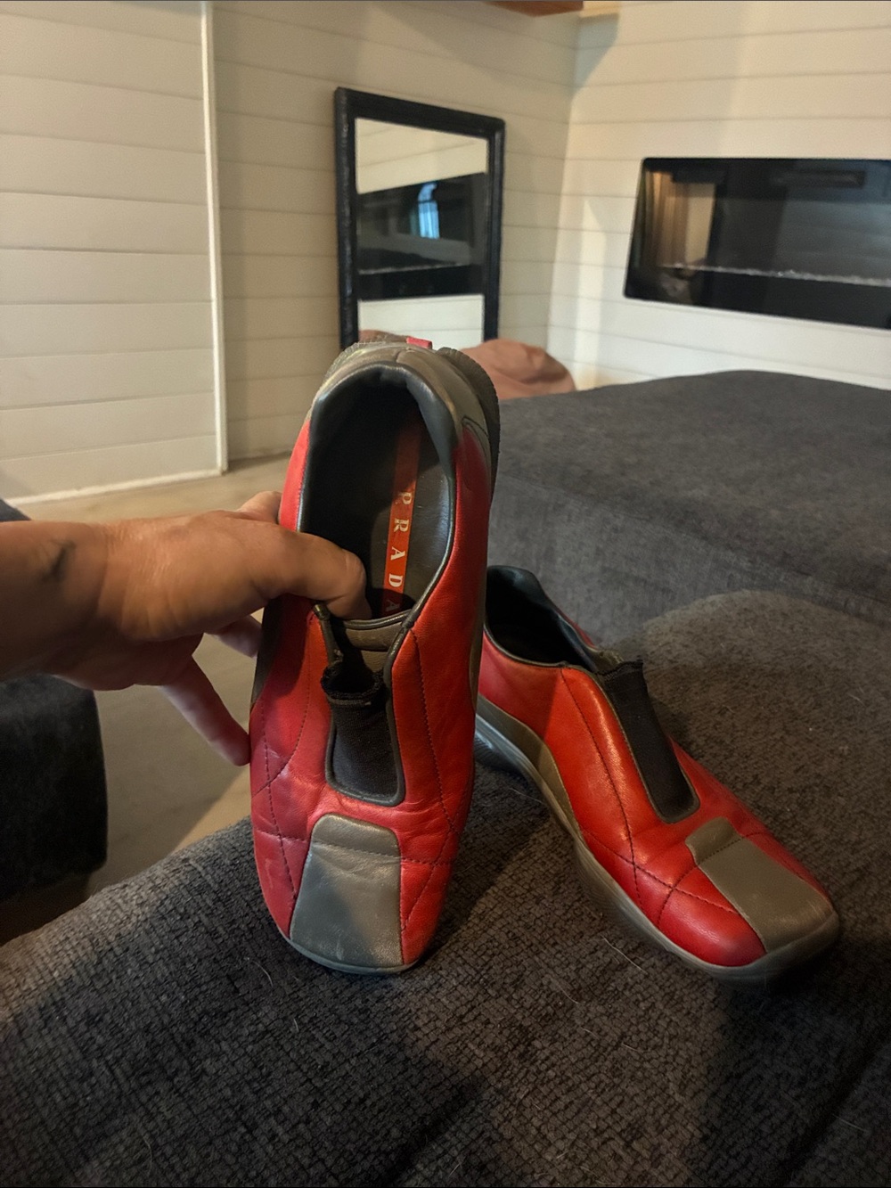 Prada Red and Gray Slip-On Leather Sneakers